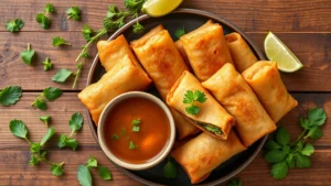 Overhead flat lay of crispy golden spring rolls with vibrant green herbs, dipping sauce in small ceramic bowl, arranged on rustic wooden surface with scattered fresh basil and lime wedges, warm natural lighting highlighting texture and steam