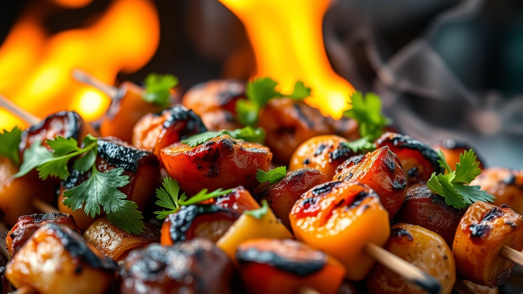 Close-up of perfectly charred grilled vegetables and meat skewers with caramelized exterior surfaces, fresh cilantro garnish, aromatic smoke wisping upward, bokeh background of warm cooking flames, appetizing char marks visible