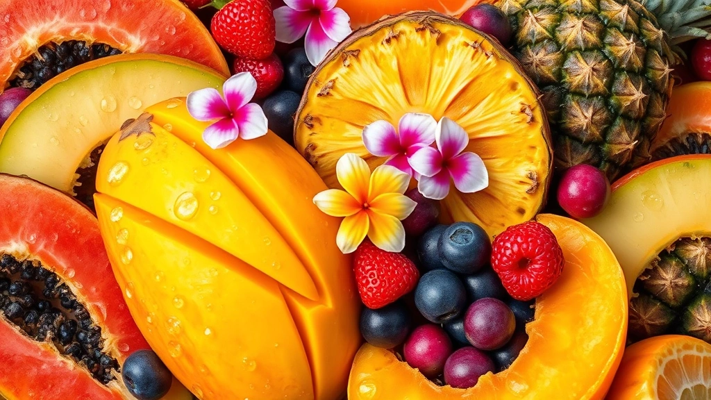 Artistic composition of colorful tropical fruits arranged artfully: ripe mango, papaya, pineapple flesh, fresh berries, with glistening water droplets, tropical flowers scattered between fruits, vibrant natural colors, professional food photography styling