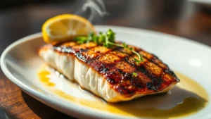 Close-up of freshly grilled mahi-mahi fillet with charred exterior, golden-brown crust, steam rising, garnished with fresh lemon wedge and microgreens, on white ceramic plate with subtle sauce drizzle, bright natural sunlight, shallow depth of field