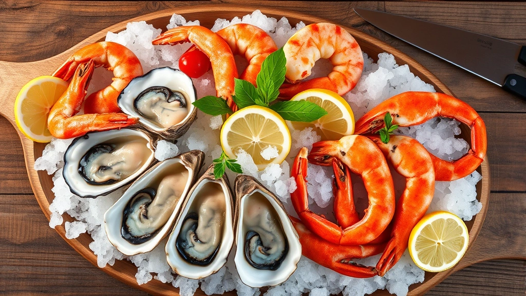 Overhead shot of elegant seafood platter featuring raw oysters on ice, jumbo shrimp, stone crab claws, and fresh lemon slices arranged on white crushed ice, rustic wooden serving board, coastal restaurant setting with soft natural light, photorealistic food styling