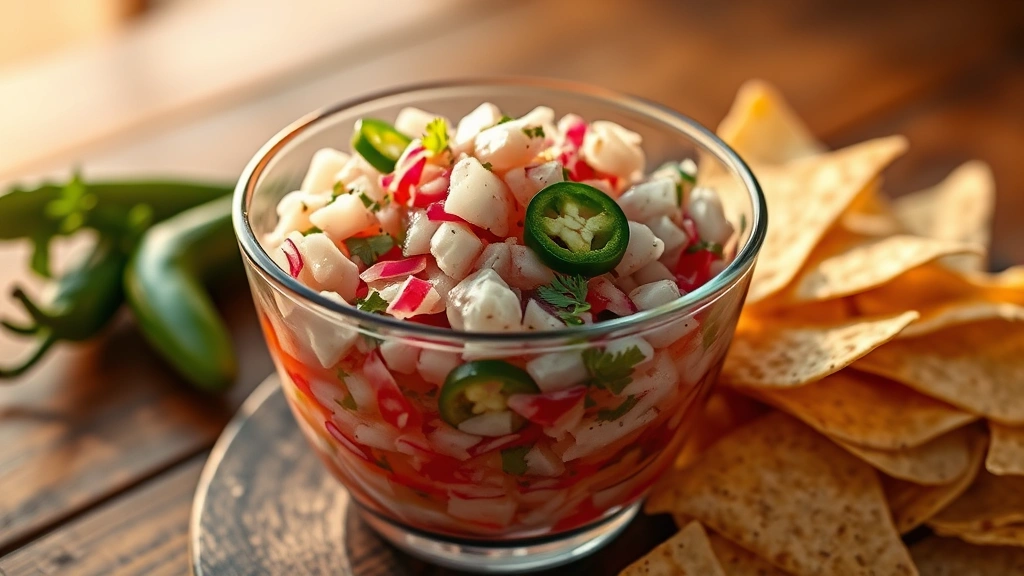 Vibrant ceviche in glass bowl with diced white fish, red onion, cilantro, lime juice creating pearl-white appearance, fresh jalapeño slices, served with crispy tortilla chips stacked beside, wooden table surface, golden hour lighting, artistic food presentation