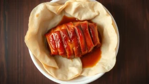Overhead shot of perfectly seared Peking duck with crispy golden skin, thin pancakes, and glossy hoisin sauce in white ceramic bowl, steam rising, professional culinary presentation