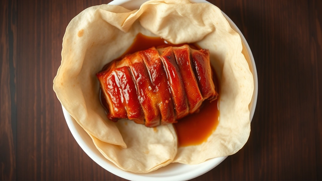 Overhead shot of perfectly seared Peking duck with crispy golden skin, thin pancakes, and glossy hoisin sauce in white ceramic bowl, steam rising, professional culinary presentation