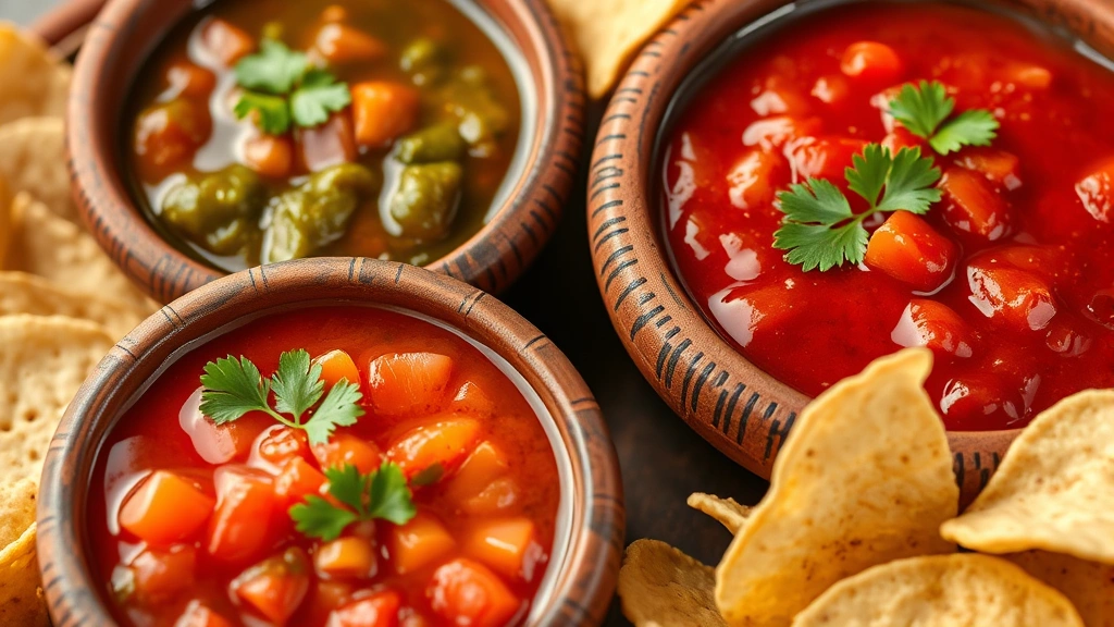 Close-up of vibrant red and green salsas in rustic clay bowls with fresh cilantro garnish, crispy tortilla chips artfully arranged, authentic Mexican restaurant plating