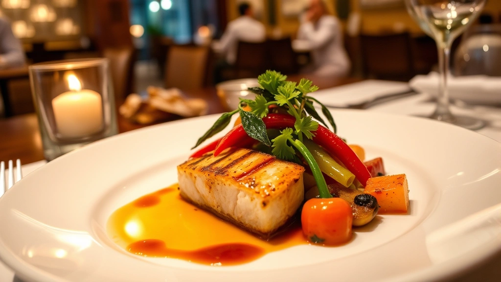 Elegant plated fine dining dish featuring perfectly cooked protein with colorful seasonal vegetables, reduction sauce drizzle, fine dining restaurant ambiance with soft lighting