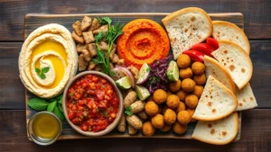 Overhead shot of colorful Arabic mezze platter with hummus, baba ganoush, muhammara, tabbouleh, falafel, and fresh pita bread arranged on rustic wooden table with olive oil drizzle and herbs