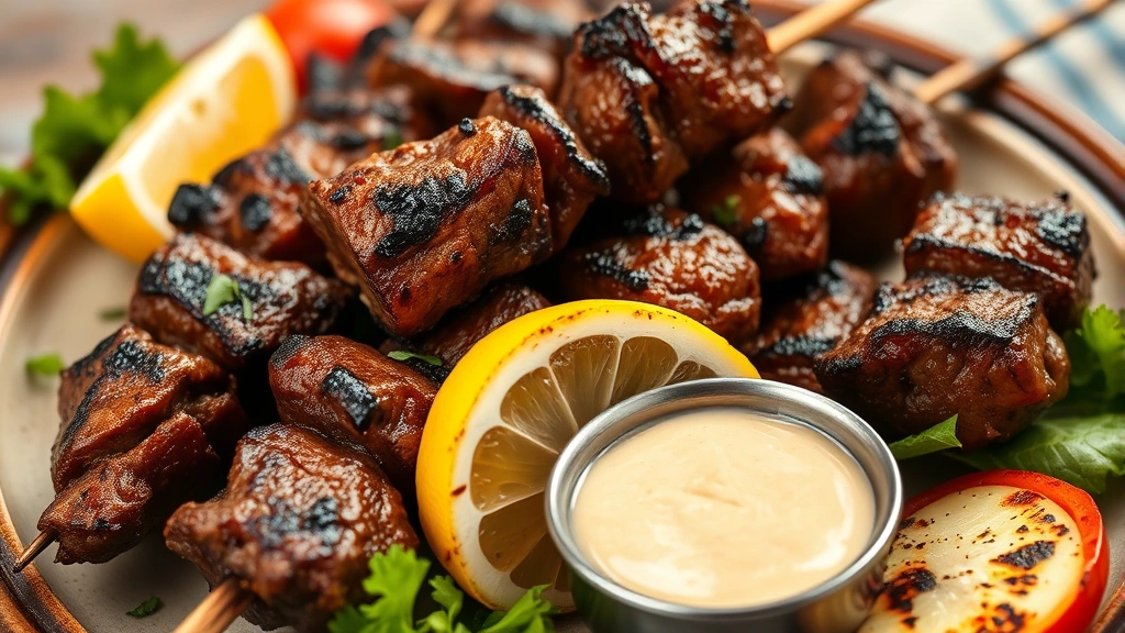 Close-up of perfectly charred lamb kebab skewers with caramelized exterior, served with grilled vegetables, lemon wedges, and tahini sauce on ceramic plate