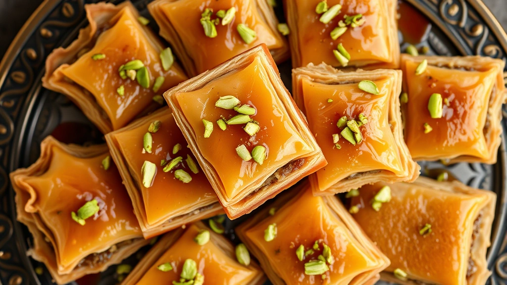 Top-down view of golden baklava pieces dripping with honey syrup, topped with chopped pistachios, displaying flaky phyllo layers and rich filling, arranged on traditional Arabic serving platter
