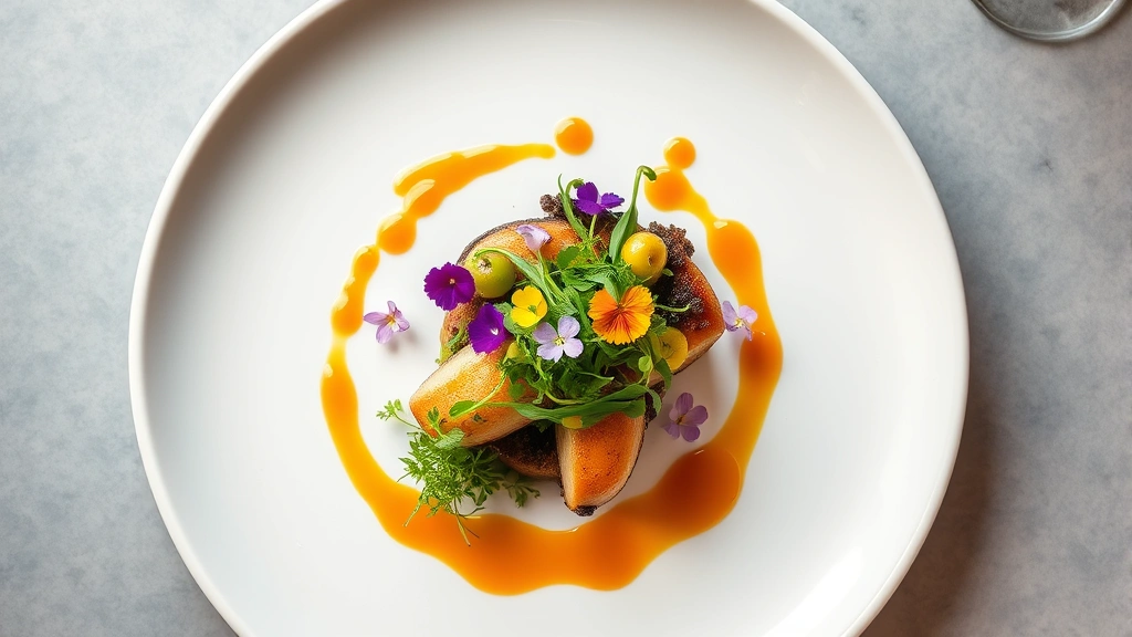 Overhead shot of artfully plated fine dining dish with vibrant microgreens, edible flowers, and artistic sauce drizzle on white ceramic plate, soft natural lighting, professional restaurant kitchen plating