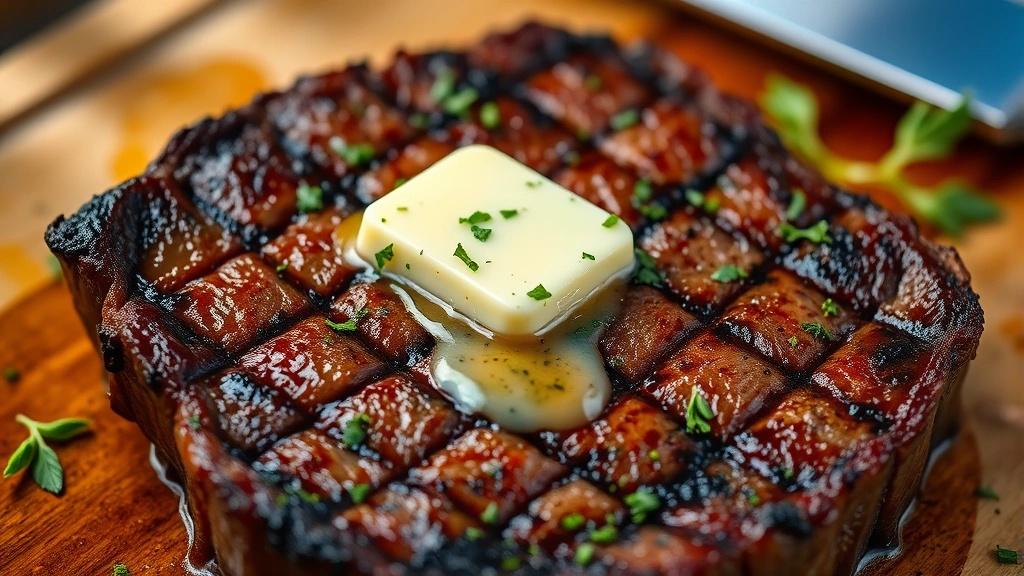 Close-up of perfectly seared steakhouse-quality beef steak with herb butter melting on top, golden crust visible, fresh herbs scattered around, warm ambient lighting, wood cutting board background