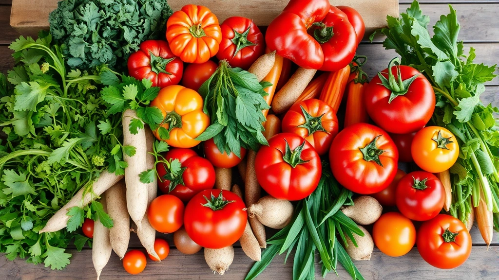 Colorful farm-fresh vegetable arrangement showcasing seasonal produce including heirloom tomatoes, fresh herbs, root vegetables, and greens arranged on rustic wooden surface, natural daylight, farmers market aesthetic