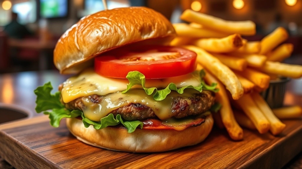 Close-up of perfectly plated gourmet burger with melted cheese, toasted bun, fresh lettuce, ripe tomato slice, and golden hand-cut fries on wooden board, warm restaurant lighting, appetizing food photography