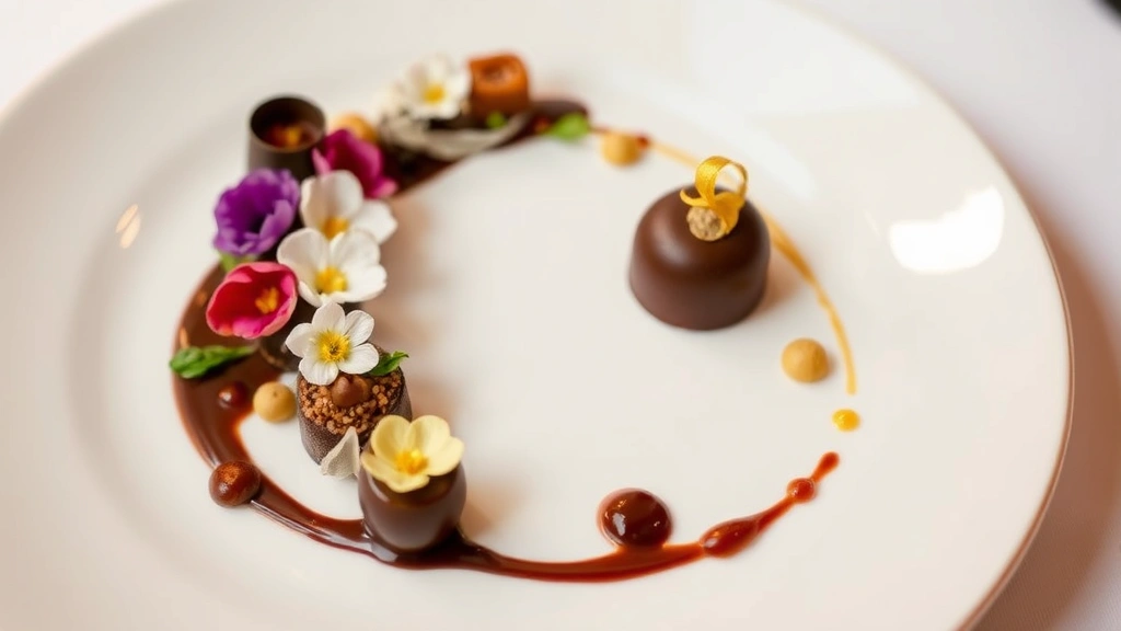 Elegant fine dining plated dessert with delicate chocolate work, edible flowers, gold leaf accents, artistic sauce drizzle, soft warm lighting, sophisticated presentation on white porcelain plate