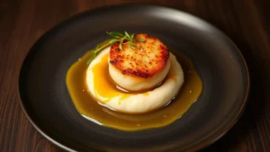 Plated seared scallop with golden brown crust on creamy cauliflower purée, drizzled with nutty brown butter sauce, garnished with microgreens and sea salt, professional fine dining presentation, warm studio lighting