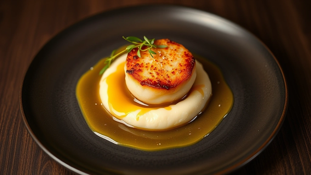 Plated seared scallop with golden brown crust on creamy cauliflower purée, drizzled with nutty brown butter sauce, garnished with microgreens and sea salt, professional fine dining presentation, warm studio lighting