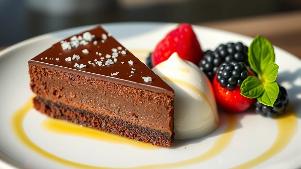 Silken chocolate torte slice with sea salt crystals on top, olive oil drizzle forming artistic lines, accompanied by vanilla ice cream quenelle and fresh berries, fine dining dessert plating, soft natural lighting