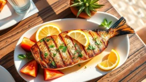 Overhead view of grilled mahi-mahi fillet with lemon wedges, fresh herbs, and vibrant tropical fruits on white ceramic plate, bright natural sunlight, Caribbean beachside restaurant setting