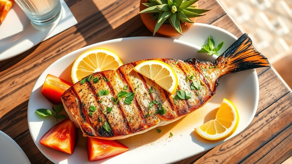 Overhead view of grilled mahi-mahi fillet with lemon wedges, fresh herbs, and vibrant tropical fruits on white ceramic plate, bright natural sunlight, Caribbean beachside restaurant setting