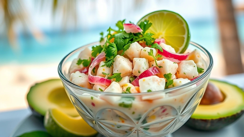 Close-up of creamy seafood ceviche with diced white fish, red onion, cilantro, lime juice in clear glass bowl, fresh avocado slices beside, tropical beach background blurred