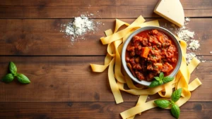 Overhead view of a rustic wooden table with freshly made handrolled pappardelle pasta, a small bowl of wild boar ragù sauce, grated Parmigiano-Reggiano, and fresh basil leaves scattered around, professional food photography lighting, warm golden tones