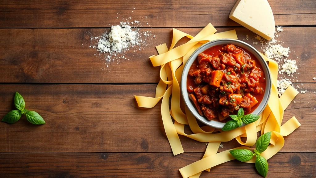 Overhead view of a rustic wooden table with freshly made handrolled pappardelle pasta, a small bowl of wild boar ragù sauce, grated Parmigiano-Reggiano, and fresh basil leaves scattered around, professional food photography lighting, warm golden tones