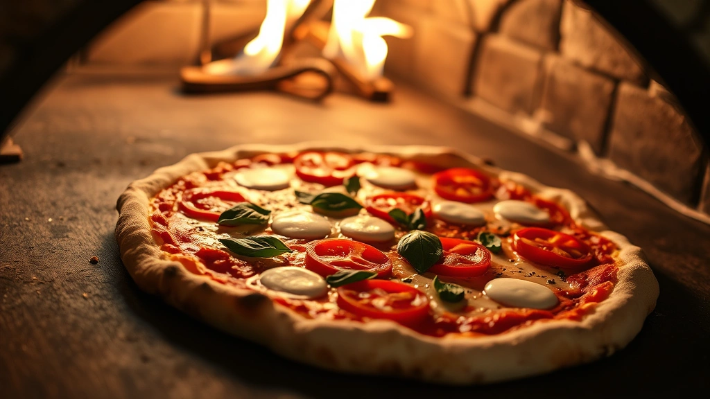 Close-up of an authentic wood-fired pizza oven with a traditional Neapolitan pizza featuring San Marzano tomatoes, fresh mozzarella, and basil being prepared, flames visible in background, artisanal bakery setting, photorealistic detail