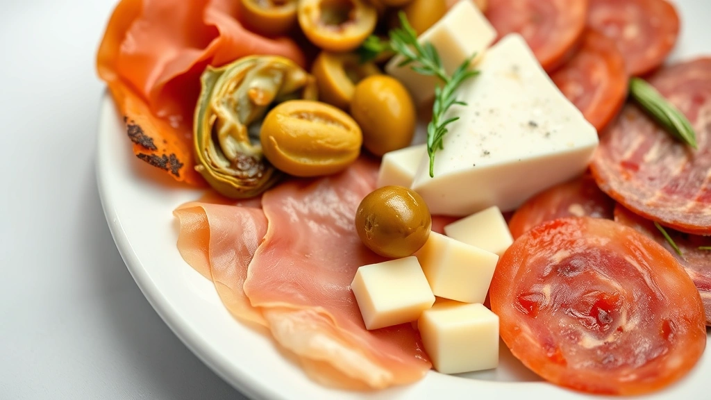 Elegant plated Italian antipasto course featuring thinly sliced prosciutto di Parma, aged Parmigiano-Reggiano chunks, marinated artichoke hearts, olives, and cured salami on white ceramic plate with fresh herbs garnish, professional restaurant presentation
