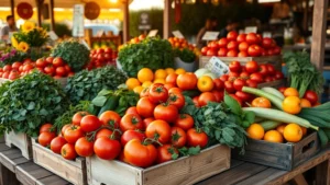 Vibrant farmers market display with heirloom tomatoes, fresh herbs, and seasonal vegetables in wooden crates, golden hour sunlight, rustic wooden tables, photorealistic food styling