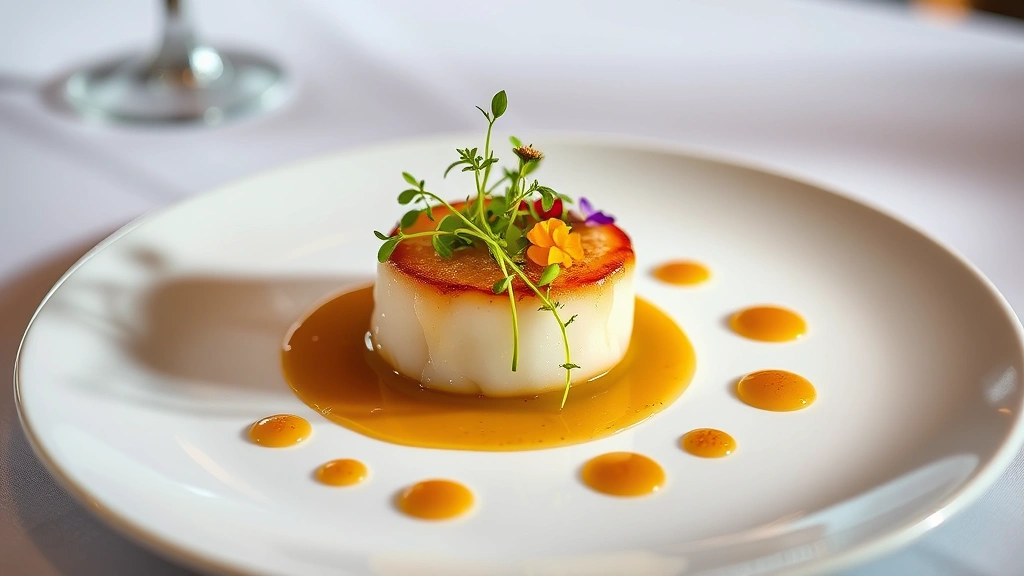 Elegantly plated fine dining course featuring seared scallop with brown butter sauce, microgreens, edible flowers, and artistic sauce dots on white ceramic plate, professional restaurant lighting