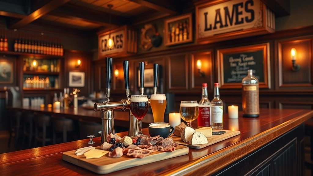Warm gastropub interior with wooden bar counter, craft beer taps, charcuterie board with cured meats and artisanal cheeses, candlelit ambiance, cozy intimate setting
