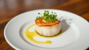 Artfully plated scallop appetizer with cauliflower puree, crispy sage oil, and microgreens on white ceramic plate, fine dining presentation, natural lighting