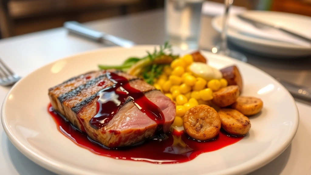 Duck breast with perfectly rendered skin, cherry gastrique drizzle, creamed corn, and roasted vegetables on modern dinnerware, restaurant kitchen aesthetic