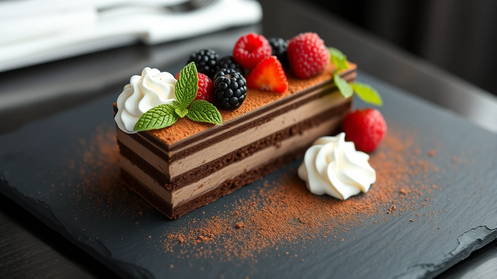 Elegant chocolate torte dessert with cocoa dusting, fresh berries, whipped cream, and delicate plating on slate plate, fine dining pastry composition