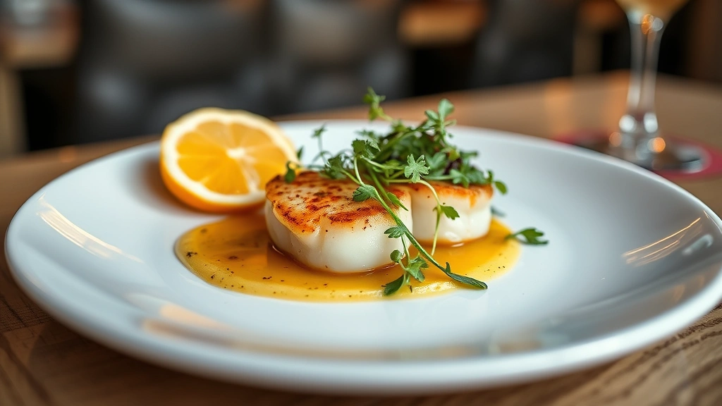 Plated scallop dish with brown butter, microgreens, and citrus elements on white ceramic plate, professional restaurant photography, shallow depth of field, warm lighting highlighting protein and garnish details