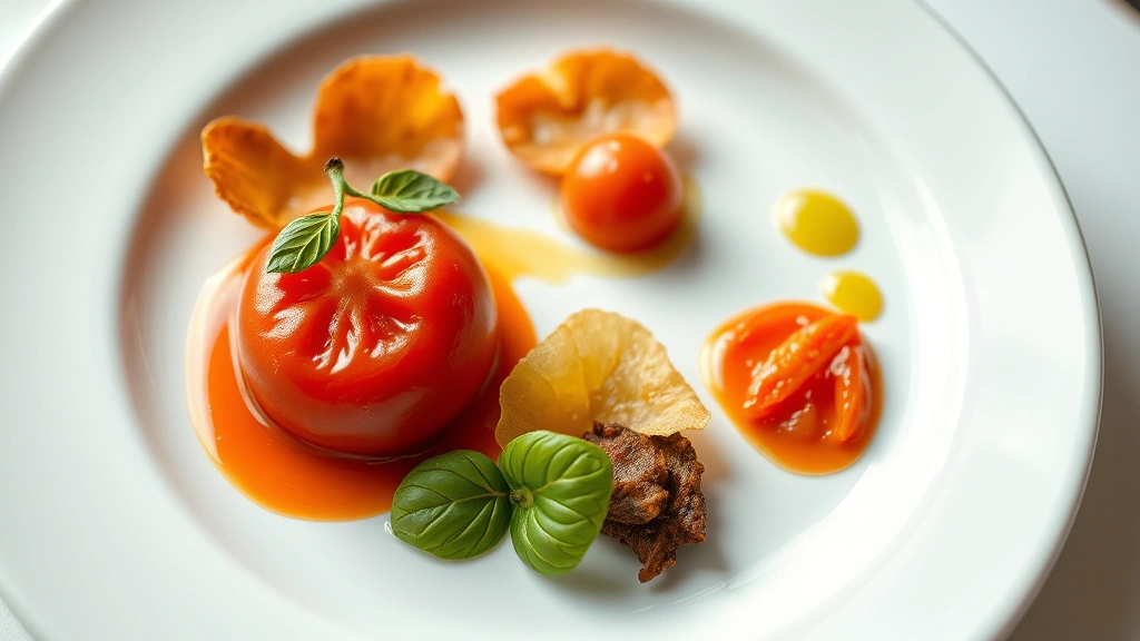 Deconstructed tomato course featuring tomato water, roasted confit, crispy leather, and basil oil on minimalist white plate, artistic food plating, macro photography showing textures and colors, fine dining presentation