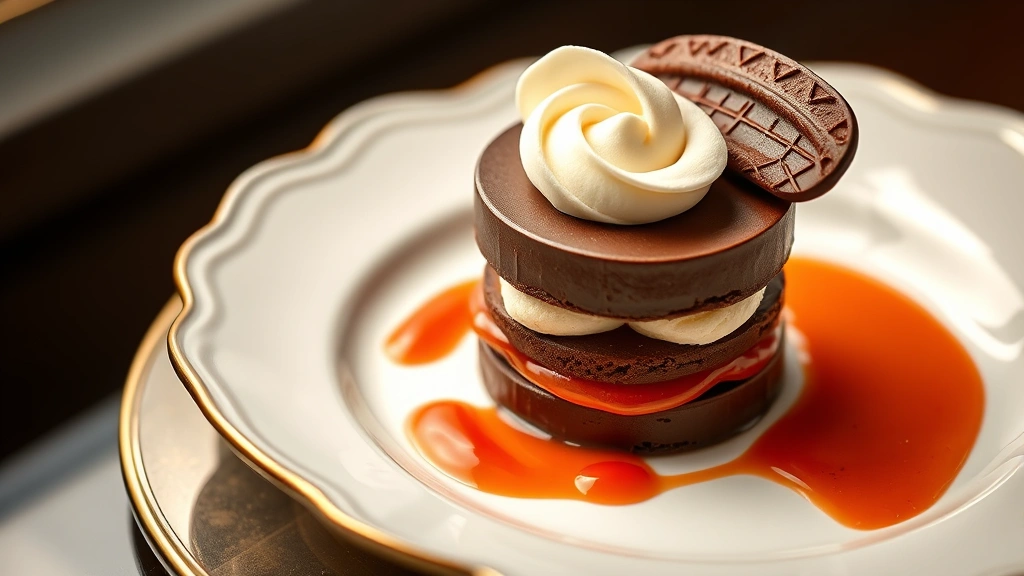 Layered chocolate dessert composition with dark chocolate mousse, passion fruit coulis, mascarpone quenelle, and chocolate tuile on elegant plate, close-up food photography, warm studio lighting emphasizing chocolate sheen and fruit colors