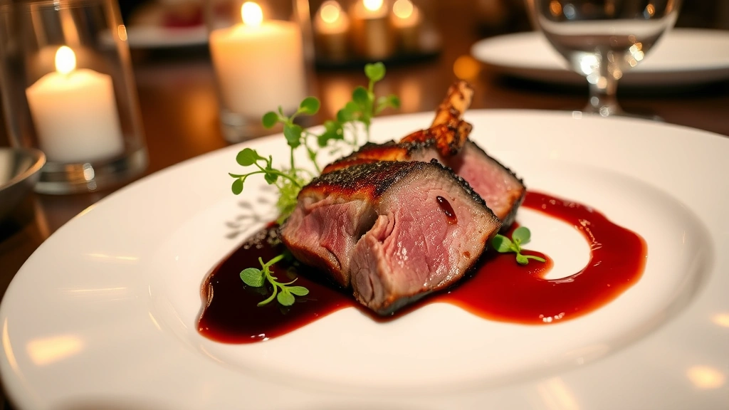 Perfectly plated fine dining dish with seared duck breast, cherry gastrique reduction, crispy skin, and artistic microgreens on white ceramic plate with candlelit restaurant ambiance