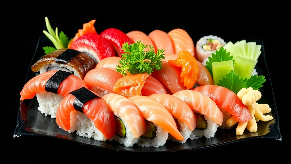 Vibrant sushi platter featuring fresh nigiri with raw fish, glistening rice, arranged artfully with wasabi, pickled ginger, and fresh wasabi root, professional sushi presentation