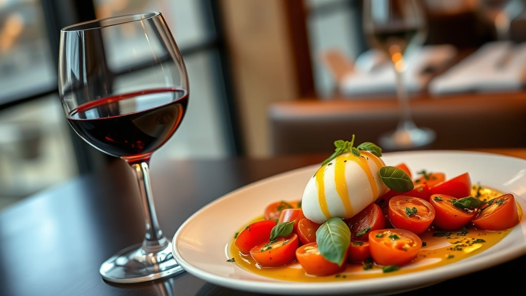 Elegant wine glass filled with deep red wine beside gourmet appetizer plate featuring burrata cheese, heirloom tomatoes, basil oil drizzle, and fresh herbs in upscale restaurant setting