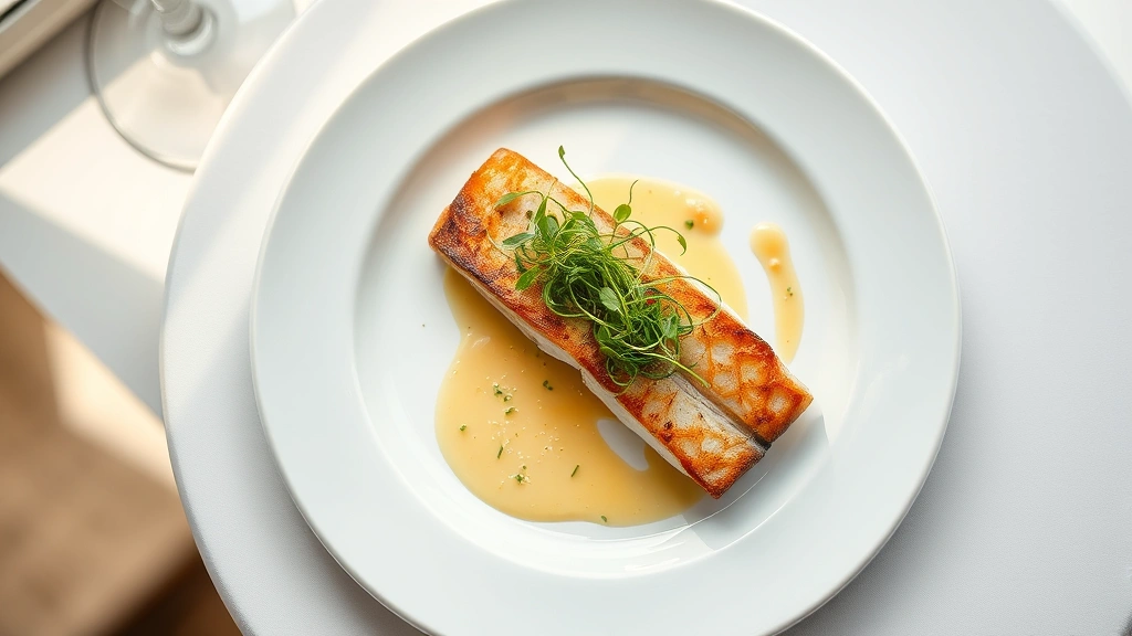 Overhead view of an elegantly plated seafood course featuring pan-seared rockfish with microgreens and delicate sauce on white ceramic plate, soft natural window lighting, Chesapeake Bay aesthetic