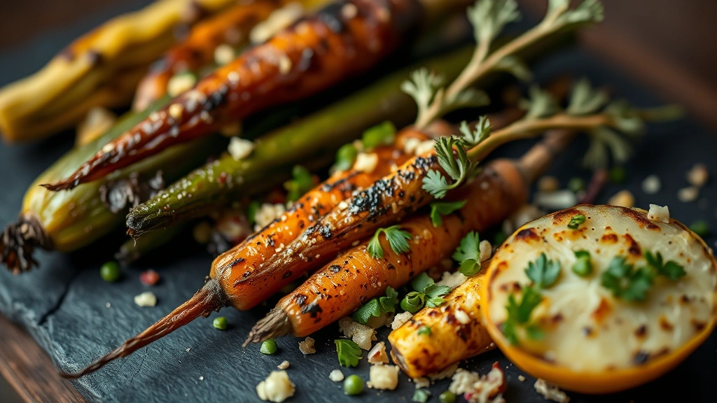 Close-up of a vibrant vegetable-forward dish with charred brassicas, heirloom carrots, and garnishes arranged artfully on dark slate, shallow depth of field highlighting textures and colors