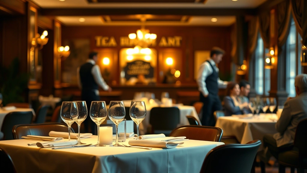 Restaurant interior showing intimate dining atmosphere with white tablecloths, wine glasses, soft candlelight, and blurred servers attending to diners, warm ambiance suggesting fine dining experience