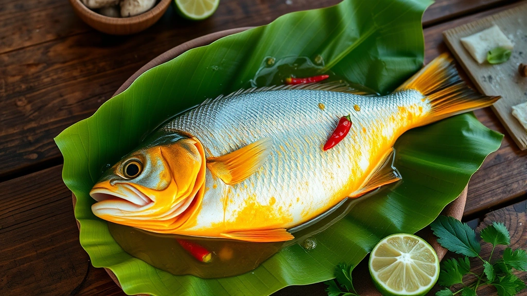 Golden turmeric-stained whole fish wrapped in vibrant green banana leaf, steam rising, ginger slices and chilies visible through translucent leaf, served on rustic wooden table with lime wedges and fresh cilantro