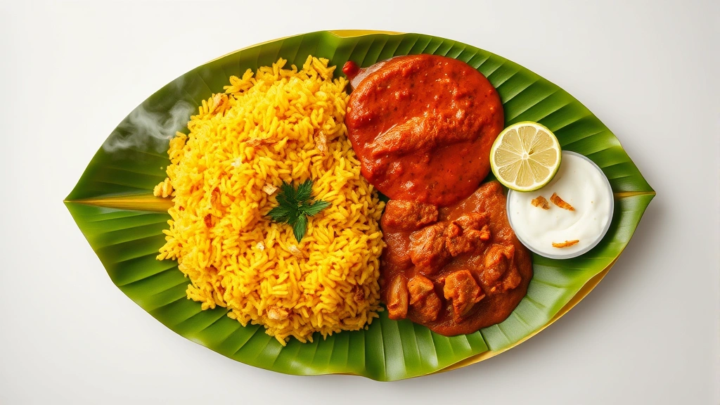 Overhead view of traditional banana leaf platter with compartments of steaming yellow biryani rice, rich red curry, crispy fried shallots, fresh lime, and cooling white yogurt condiment, aromatic steam visible