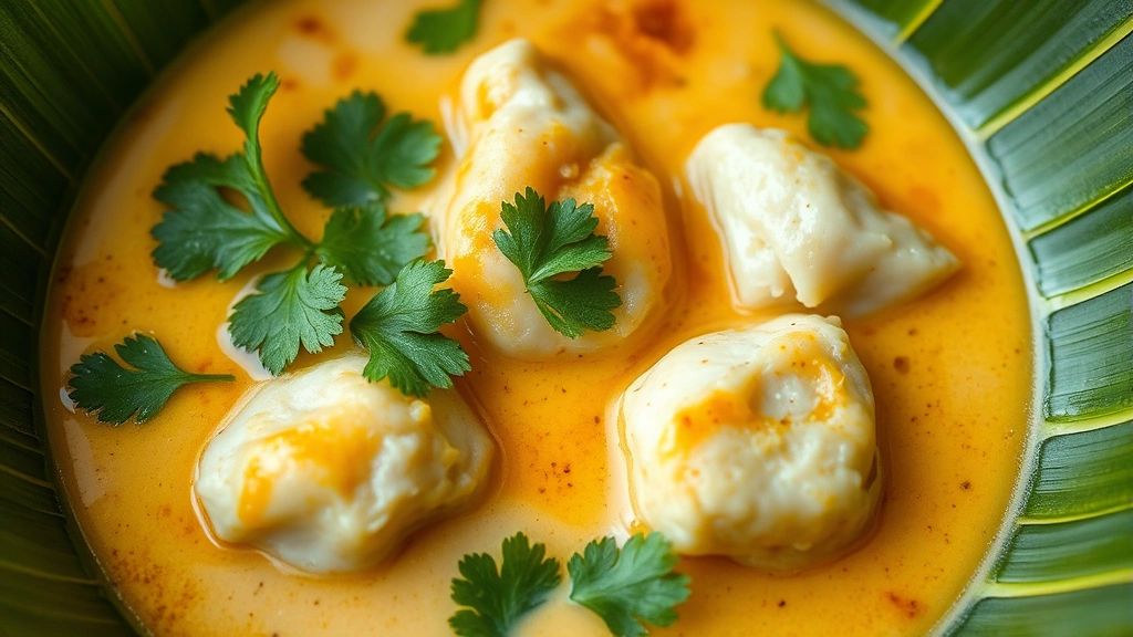 Close-up of delicate coconut milk curry with tender protein, floating curry leaves and cilantro, served in authentic banana leaf bowl, showing natural texture and color gradients of traditional spice paste preparation