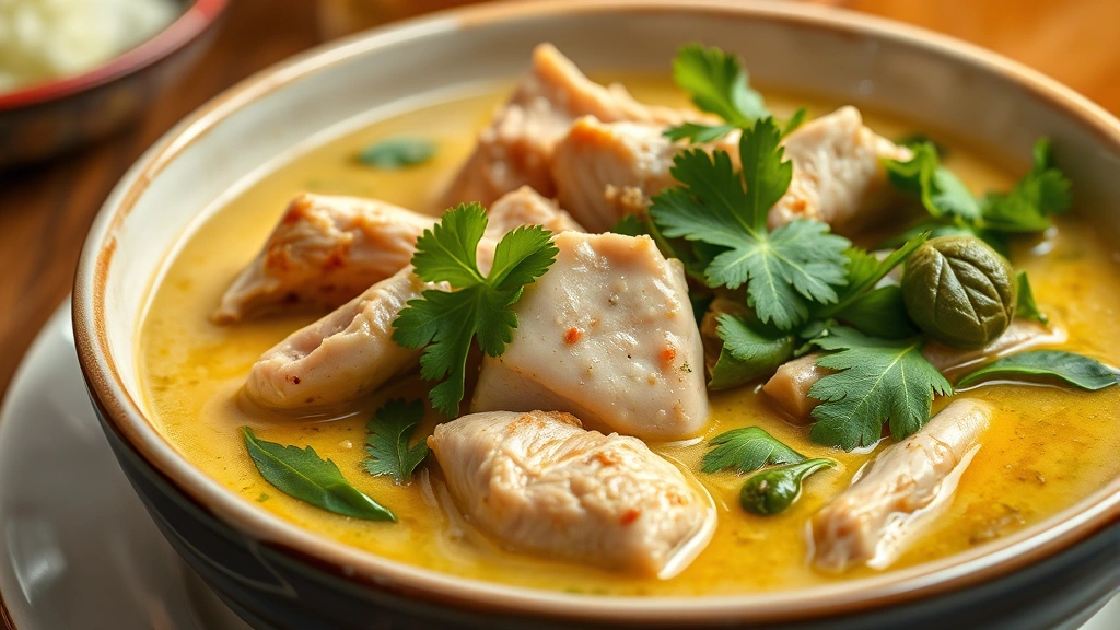 Steaming bowl of green curry with tender chicken, Thai basil leaves, bamboo shoots, and creamy coconut broth, garnished with fresh cilantro, professional restaurant plating, warm lighting, close-up detail shot