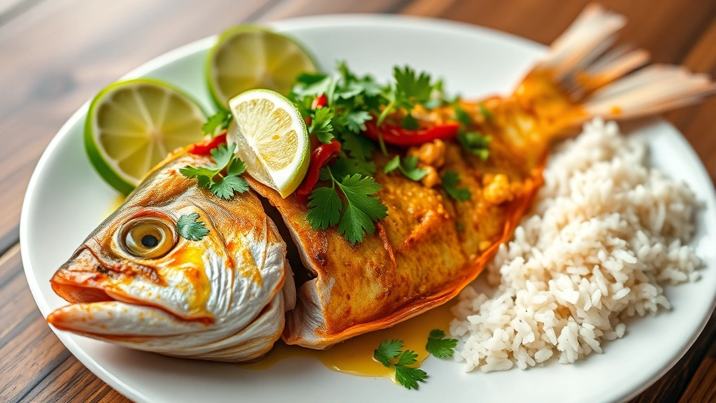 Whole fried fish topped with fragrant garlic-chili oil, fresh cilantro, and lime wedges, served on white plate with jasmine rice on the side, golden crispy skin, professional food photography, shallow depth of field