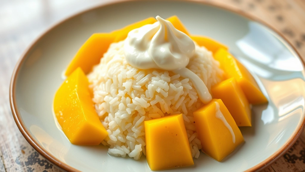 Mango sticky rice dessert with perfectly ripe mango slices, creamy sticky rice mound, drizzled coconut cream, served in traditional presentation, vibrant colors, soft natural lighting, elegant plating