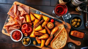 Overhead shot of authentic Spanish tapas spread on wooden board: jamón ibérico, patatas bravas with paprika sauce, grilled gambas, pan con tomate, croquetas, olives, and vermouth glass, warm Mediterranean lighting, rustic Barcelona bar setting